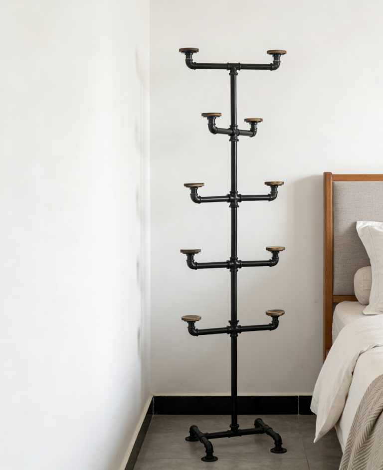 Industrial Style Hat Stand with 10 Rustic Wood Hooks