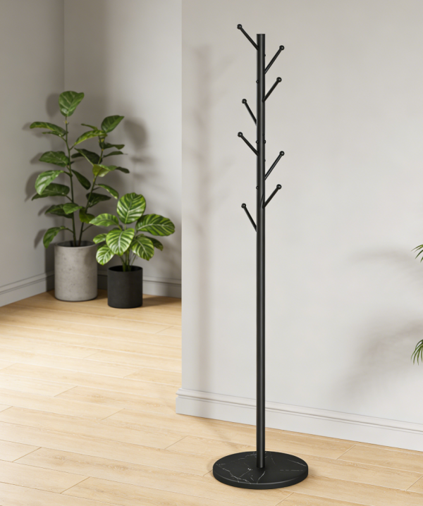 Freestanding Coat Rack with Marble Base and 8 Hooks